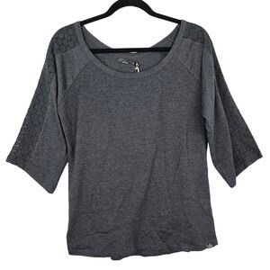 Prana Womens Top Size M Gray Heather Crochet 3/4 Sleeve Fair Trade Organic‎